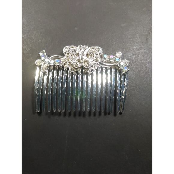 Butterfly Hair Comb Barrette Silver Tone Lace Look Rhinestone Wedding Party - Picture 2 of 4